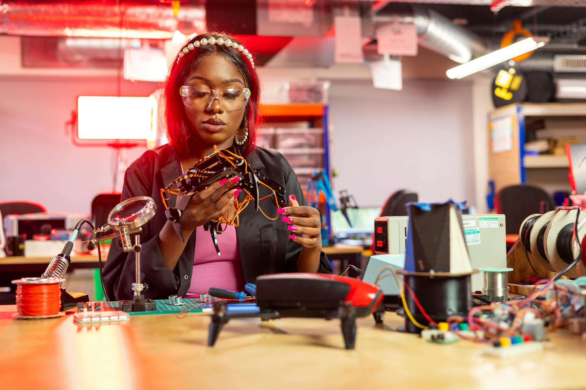woman learning about electronics in technical school